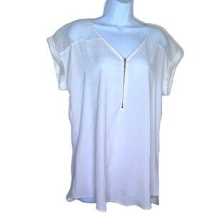 Express Zip Front Top Short Sleeve White "Netting" Detail V-Neck Stretch EUC L